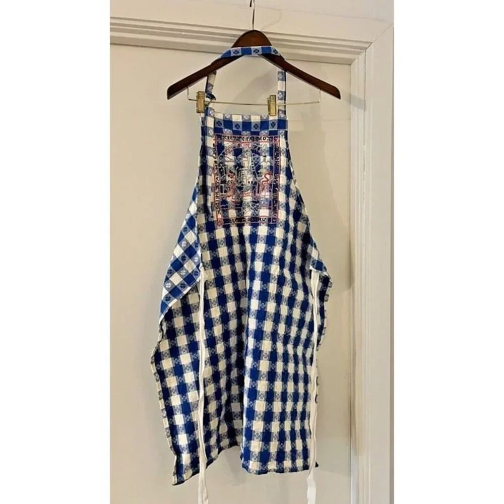 Rare Vtg‎ San Francisco Landmarks Sites Embroidered Checkered Blue White Apron